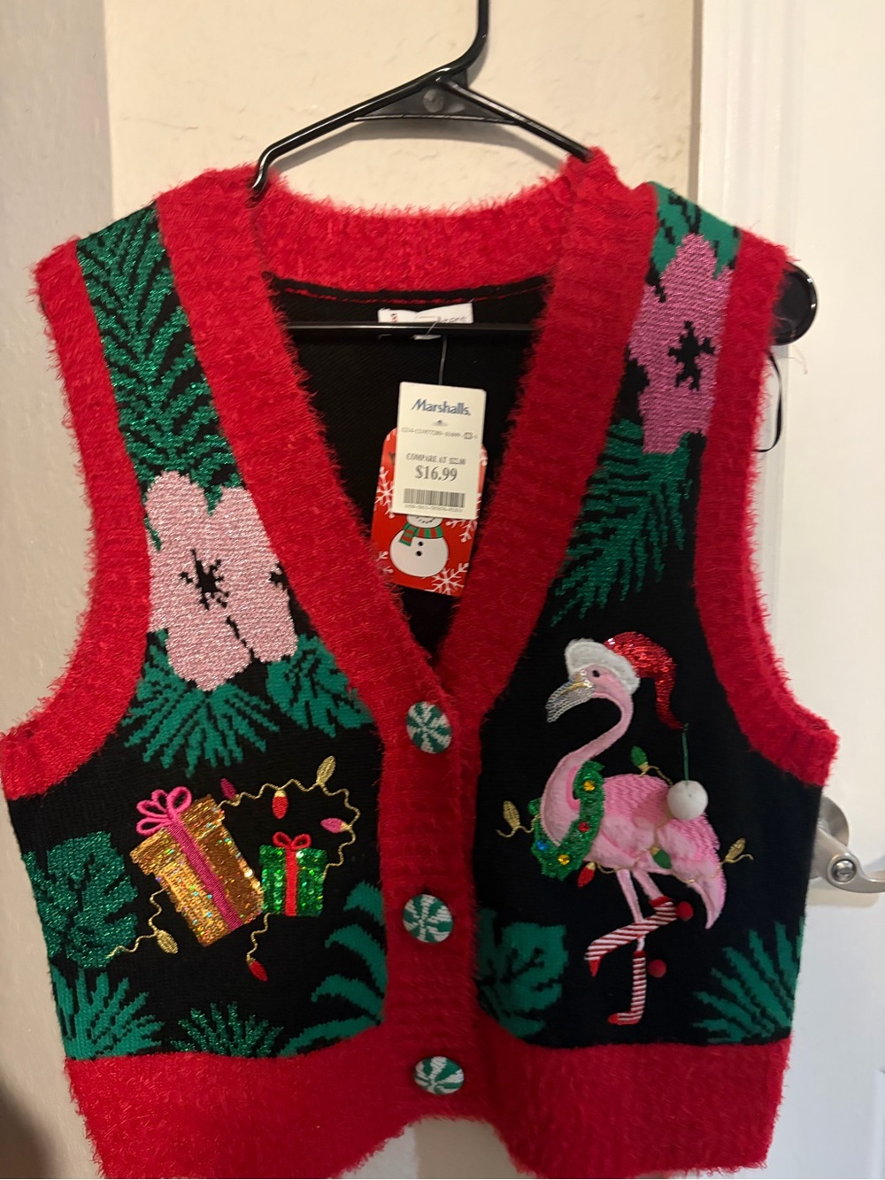 Festive Flamingo Holiday Sweater Vest - Red, Black, Green, Pink